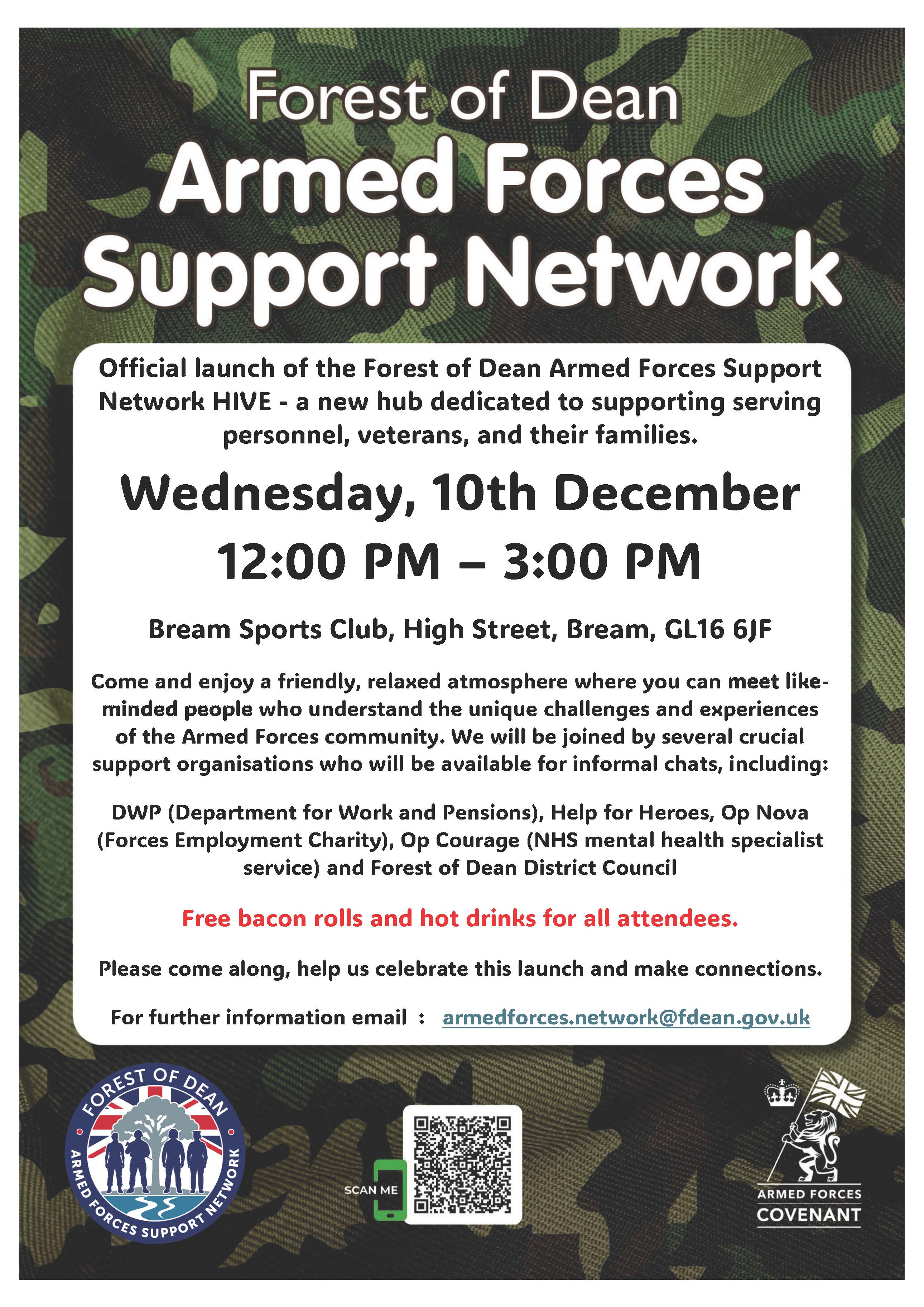 Armed Forces Support Network. Wednesday 10th December 12-3pm. Bream Sports Club, 